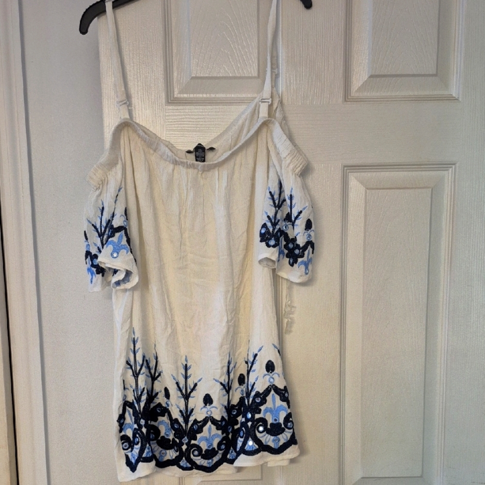 Elegant White and Blue Embroidered Women's Top Cold Shoulder